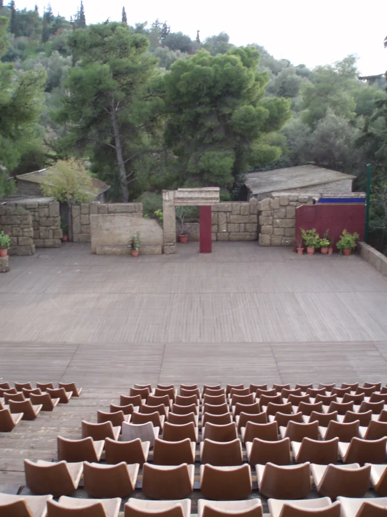 The open-air stage of the Dora Stratou Greek dance theatre on Philopappou Hill, Athens